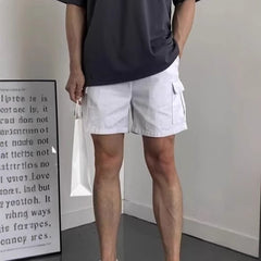 Men Elastic Waist Drawstring Cargo Shorts, Solid Black Comfortable Summer Casual Short Pants