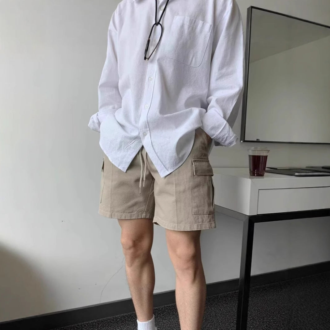 Men Elastic Waist Drawstring Cargo Shorts, Solid Black Comfortable Summer Casual Short Pants