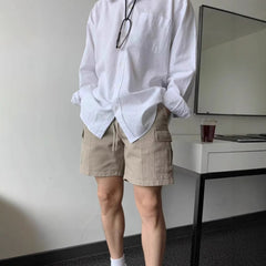 Men Elastic Waist Drawstring Cargo Shorts, Solid Black Comfortable Summer Casual Short Pants