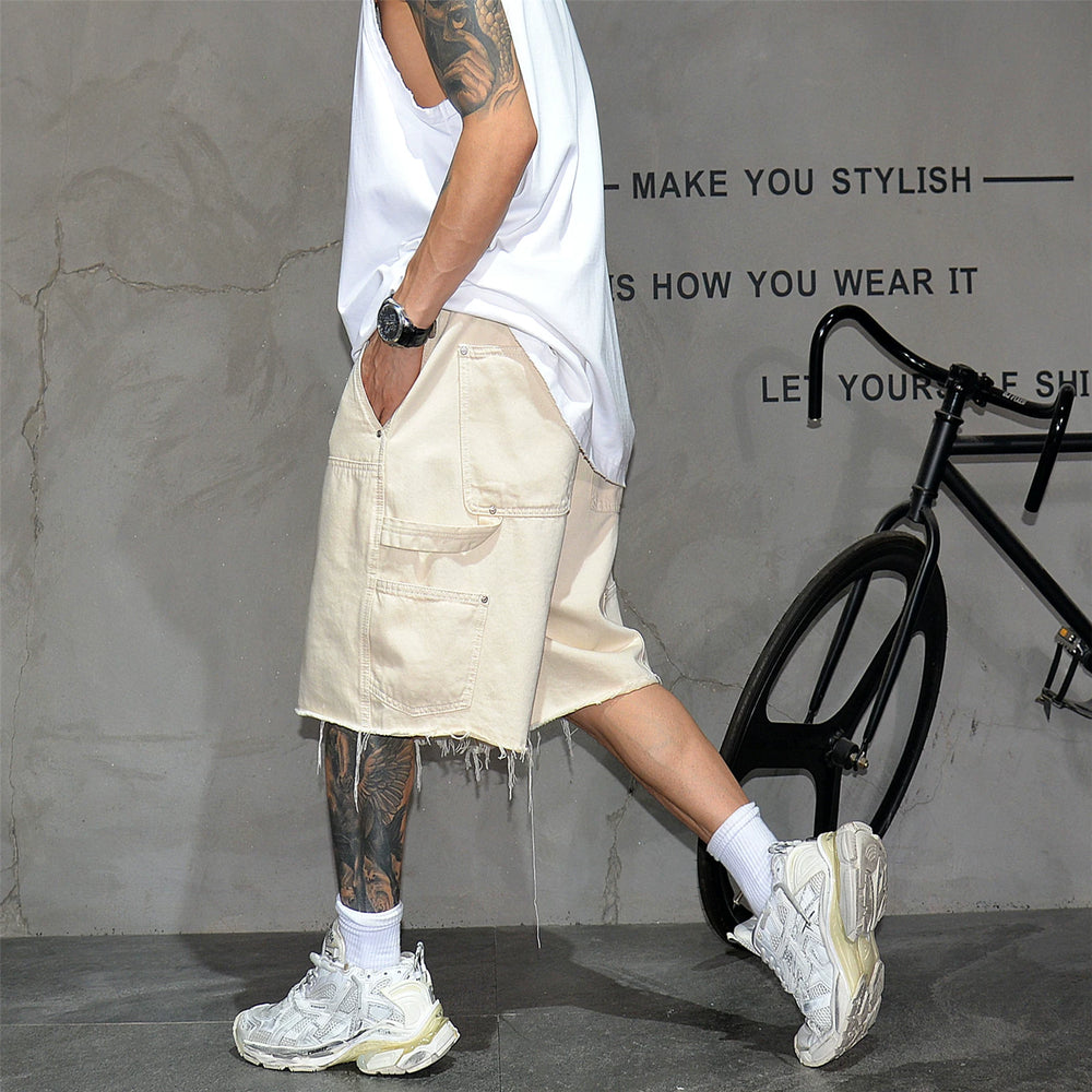 Vibe American High Street Solid Color Wide Leg Cowboy Shorts Men's Trendy Brand Loose Straight Five Leg Pants Rascal Handsome Hairy Pony