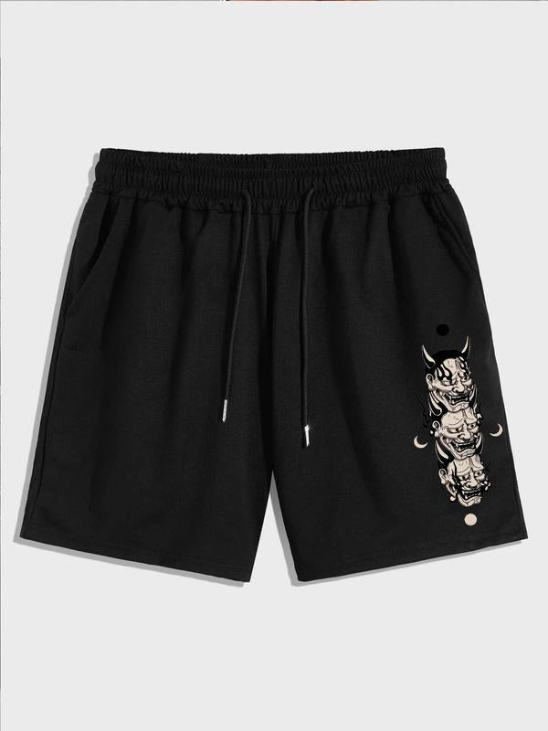 Men's Japanese Hannya Demon Print Casual Shorts, Elastic Waist Drawstring Sweat Shorts