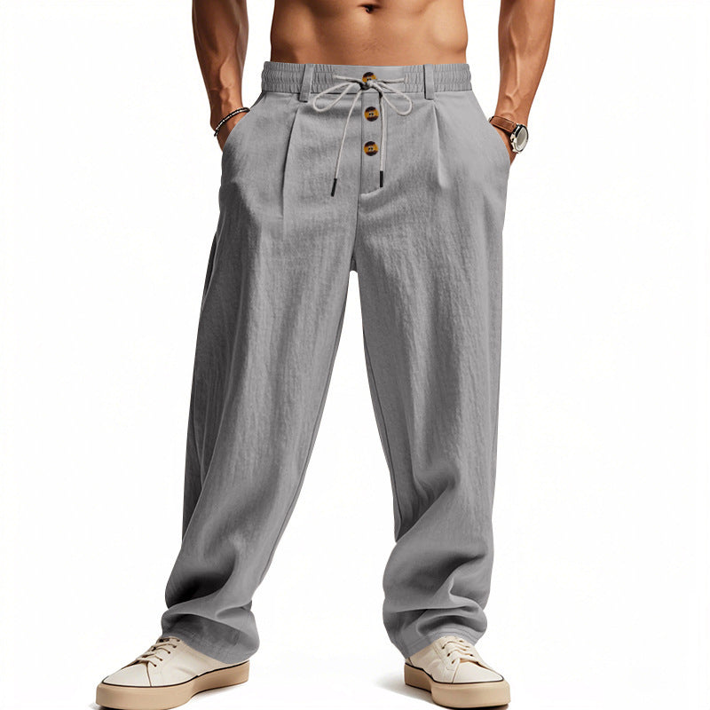 Men's Linen Casual Wide Leg Pants, Button Fly Drawstring Waist Soft Breathable Loose Straight Long Trousers