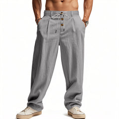 Men's Linen Casual Wide Leg Pants, Button Fly Drawstring Waist Soft Breathable Loose Straight Long Trousers