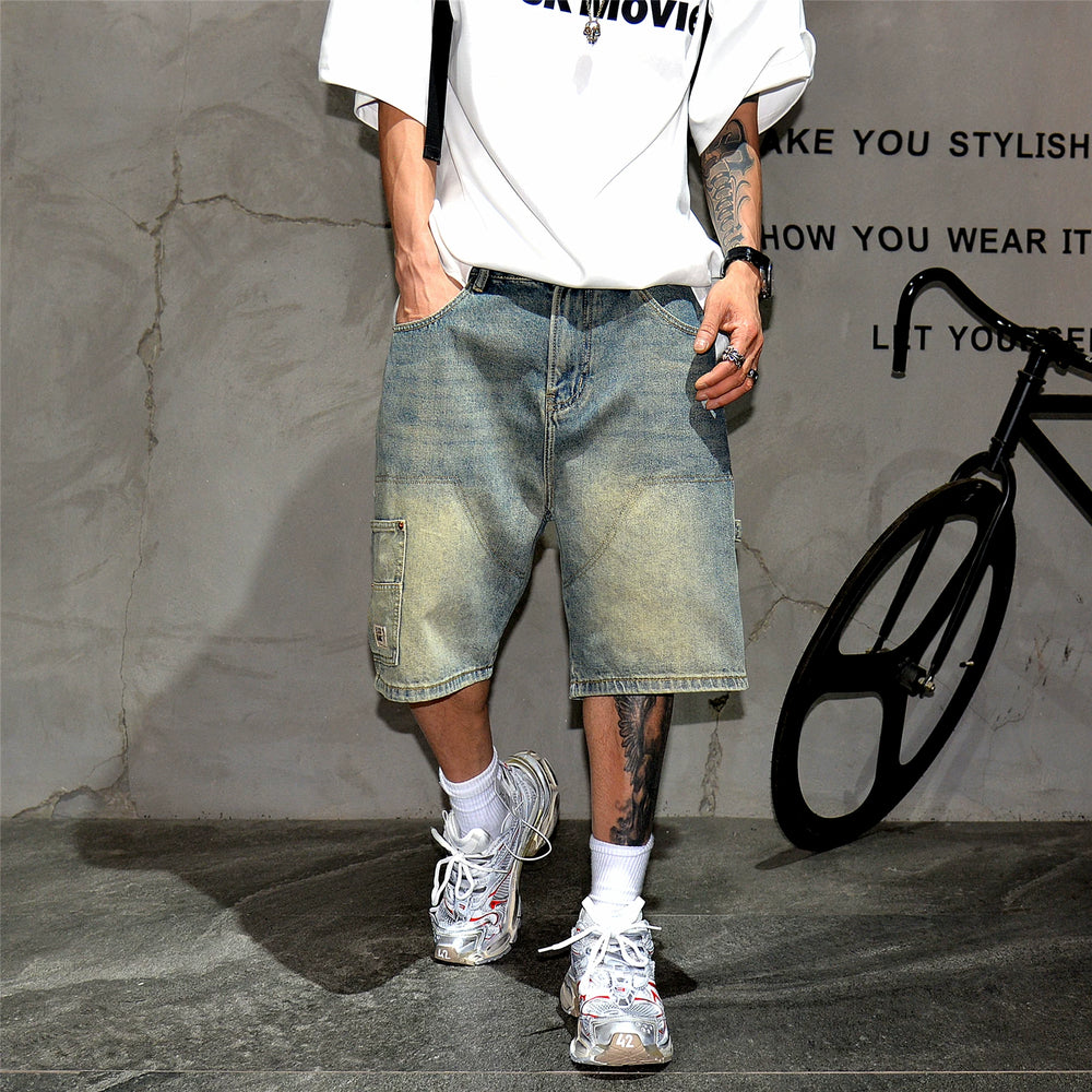 Japanese retro multi pocket workwear denim shorts for men, loose straight leg five quarter pants, distressed washed oversized mid length pants, trendy