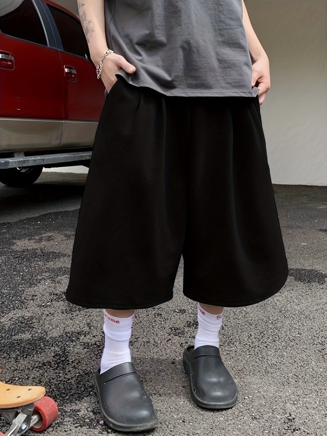 Men's Baggy Wide-Leg Sweat Shorts, Elastic Waist Casual Knee-Length Shorts