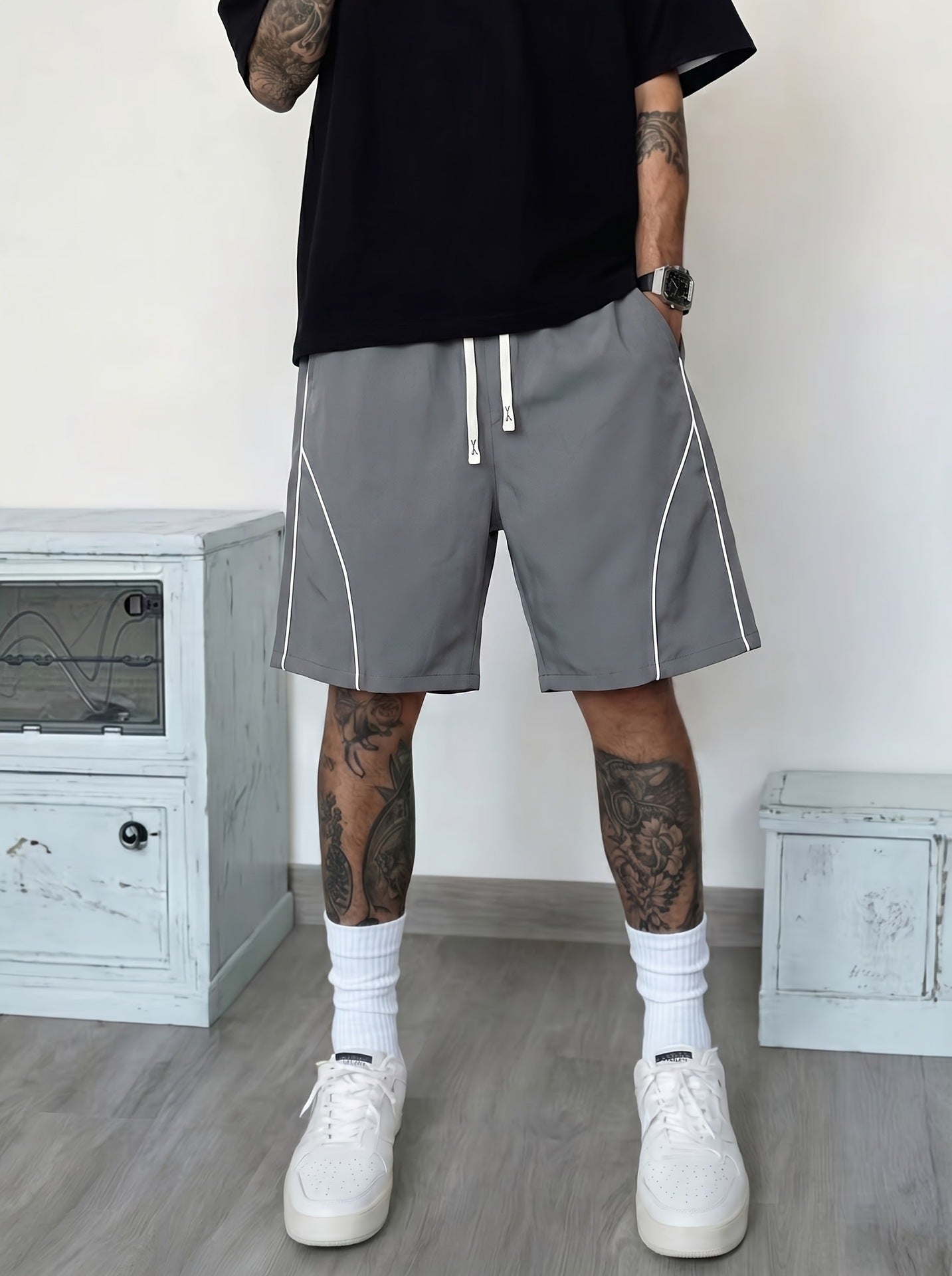 Men's Streetwear Track Shorts, Athletic Casual Shorts with Contrast Stripe
