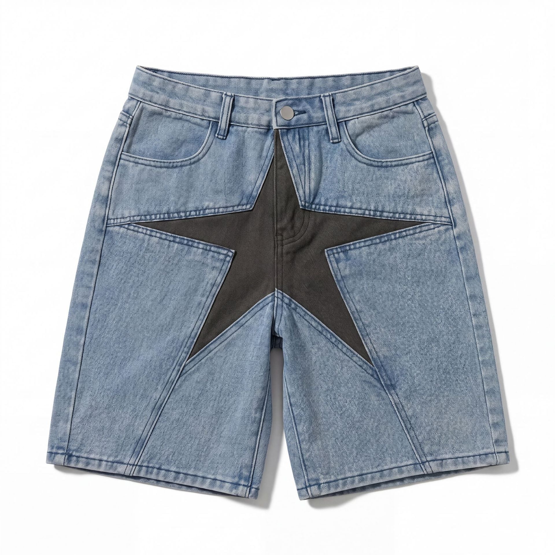 Unisex Star Patchwork Cotton-Blend Denim Shorts