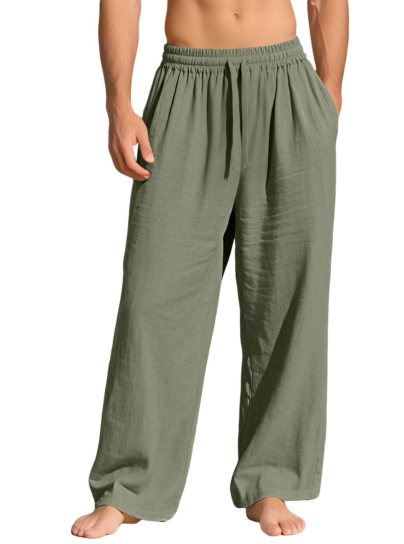 Men's Linen Cotton Baggy Pants, Elastic Waist Drawstring Wide Leg Casual Trousers for Summer Beach