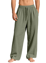Men's Linen Cotton Baggy Pants, Elastic Waist Drawstring Wide Leg Casual Trousers for Summer Beach