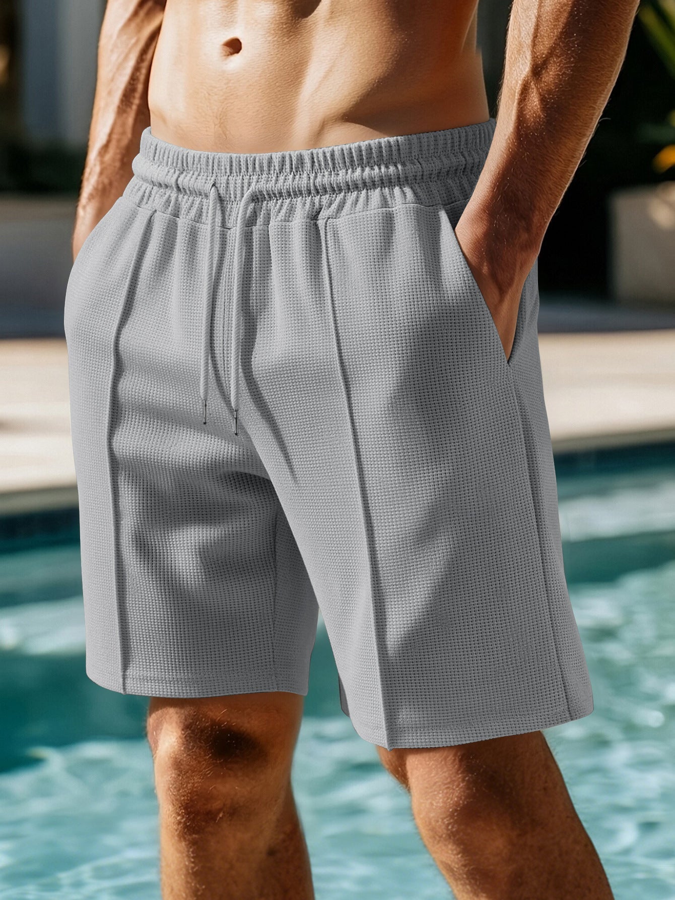 Men's Lightweight Waffle Shorts, Comfortable Elastic Waist Summer Shorts