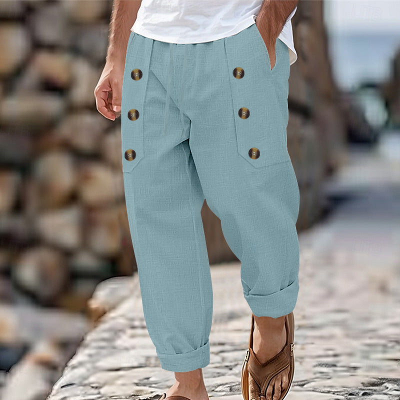 Men's Linen Blend Casual Pants, Elastic Waist Button Detail Trousers