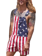 Men's American Flag Short Overalls, Patriotic USA Flag Denim Short Overalls for 4th of July