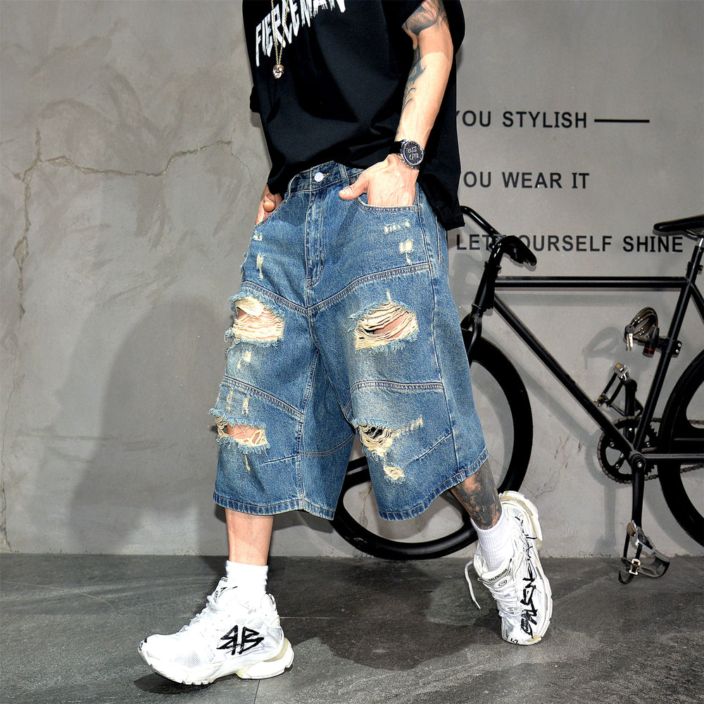 Vibe Street Wind Piercing Beggar Cowboy Shorts Male Rascal Handsome Vintage Trendy Middle Pants High Street Blue Quarter Pants Summer