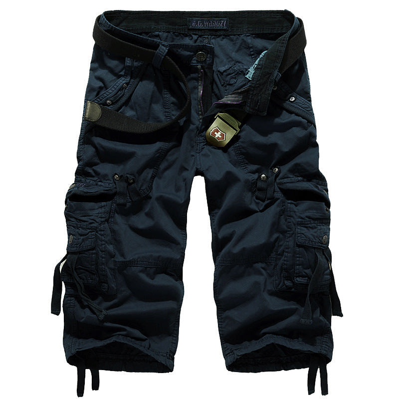 Belt not includedMen's Multi-Pocket Cargo 3/4 Length Shorts, Casual Cotton Capri Pants with Drawstring for Summer