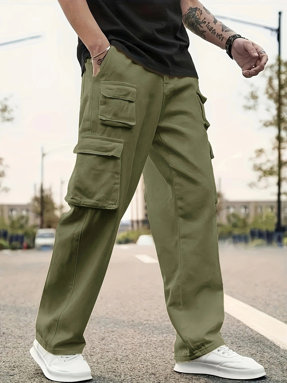 Men's Olive Green Cargo Pants, Multi Pocket Straight Leg Tactical Trousers for Outdoor Hiking