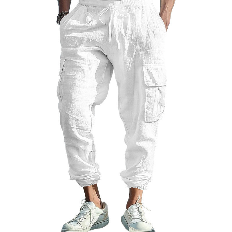 Men's Linen Blend Cargo Jogger Pants, Elastic Waist Drawstring Casual Trousers