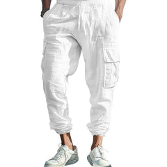 Men's Linen Blend Cargo Jogger Pants, Elastic Waist Drawstring Casual Trousers