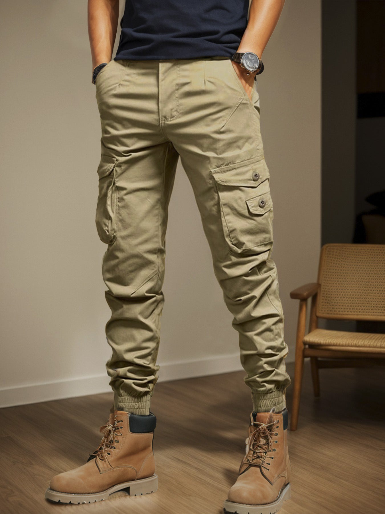 Men's Black Slim Fit Cargo Pants, Multi Pocket Elastic Waist Trousers for Outdoor Work