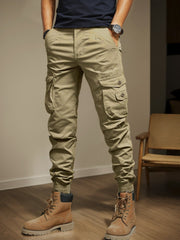 Men's Black Slim Fit Cargo Pants, Multi Pocket Elastic Waist Trousers for Outdoor Work
