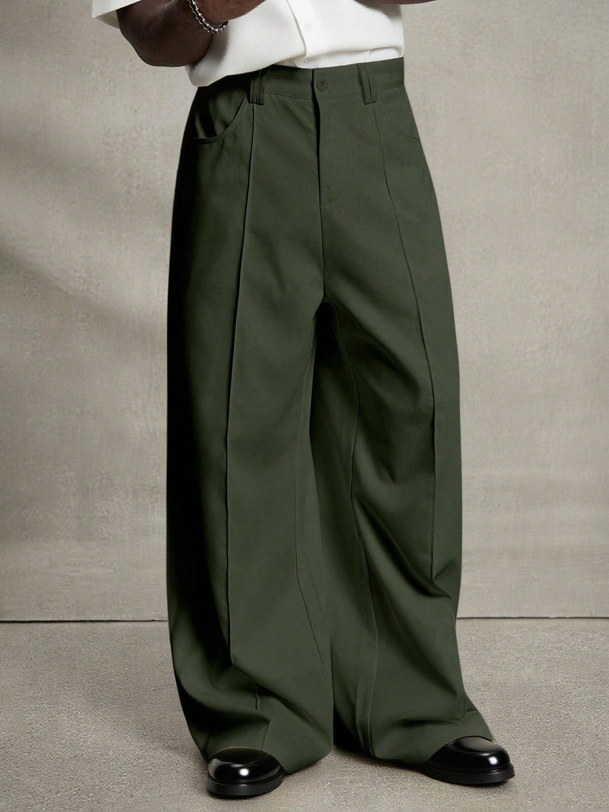 Men's Army Green Front Pleat Wide Leg Dress Pants, Casual Loose Drape Straight Suit Trousers