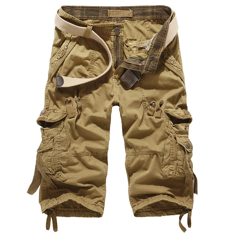 Belt not includedMen's Multi-Pocket Cargo 3/4 Length Shorts, Casual Cotton Capri Pants with Drawstring for Summer