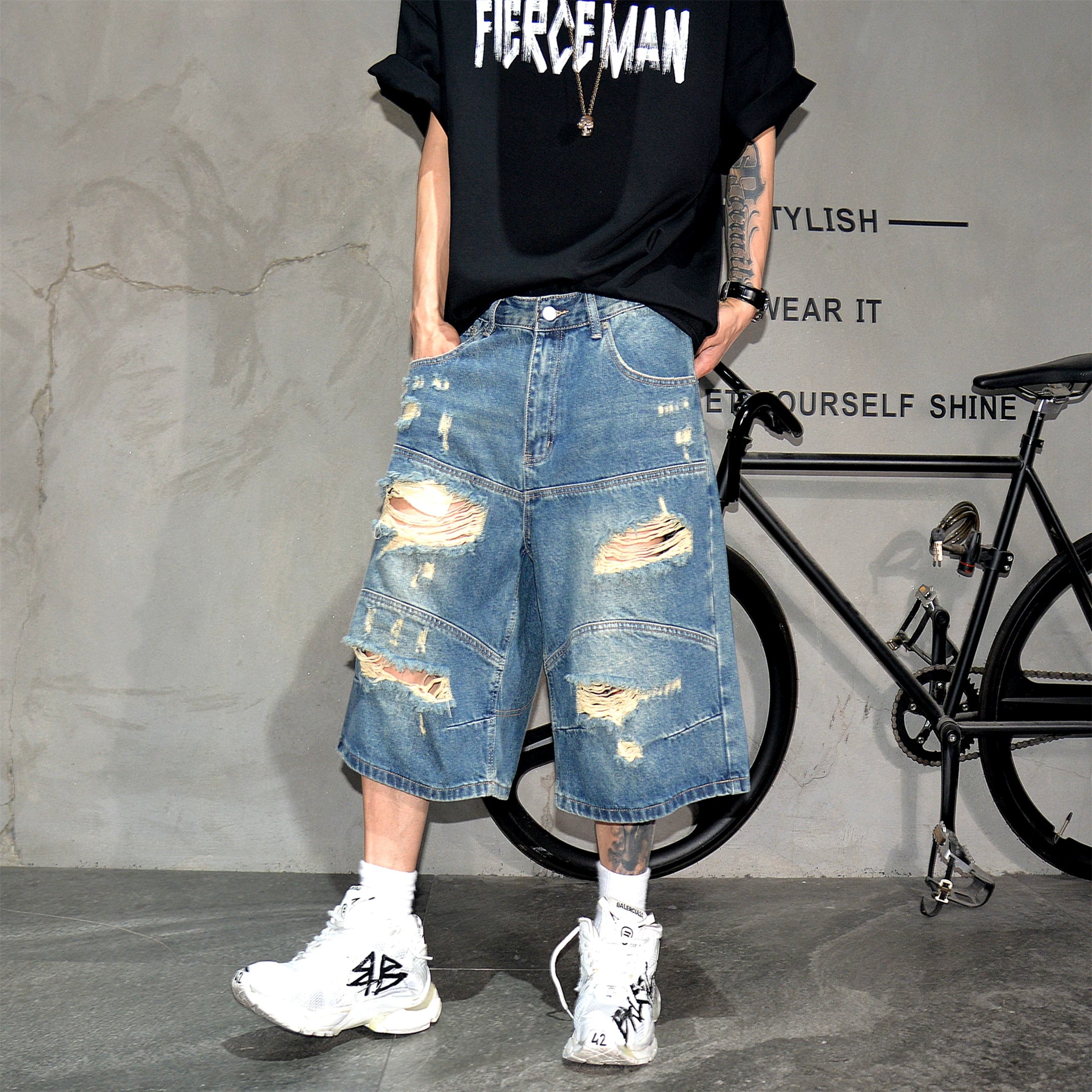 Vibe Street Wind Piercing Beggar Cowboy Shorts Male Rascal Handsome Vintage Trendy Middle Pants High Street Blue Quarter Pants Summer