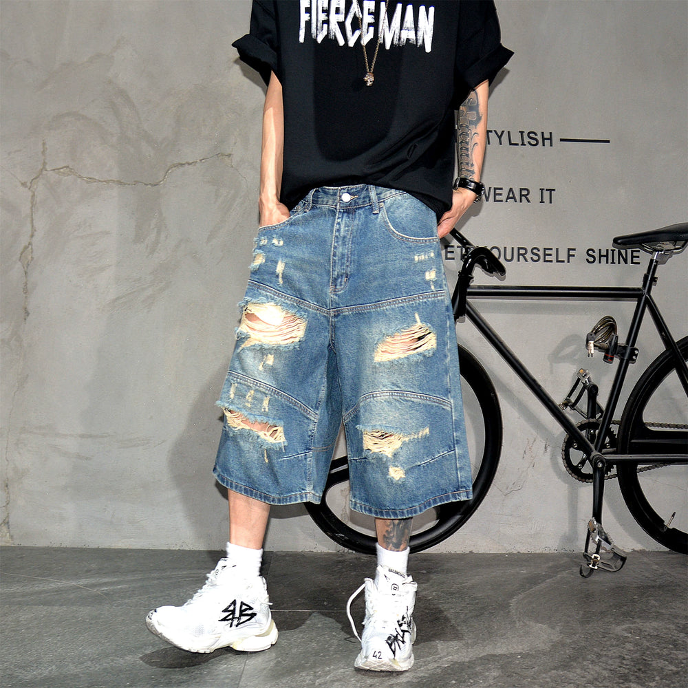 Vibe Street Wind Piercing Beggar Cowboy Shorts Male Rascal Handsome Vintage Trendy Middle Pants High Street Blue Quarter Pants Summer