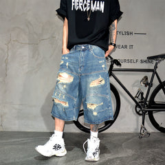 Vibe Street Wind Piercing Beggar Cowboy Shorts Male Rascal Handsome Vintage Trendy Middle Pants High Street Blue Quarter Pants Summer