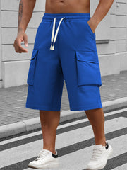 Men's Casual Cargo Long Shorts, Elastic Waist Drawstring Knee-Length Shorts