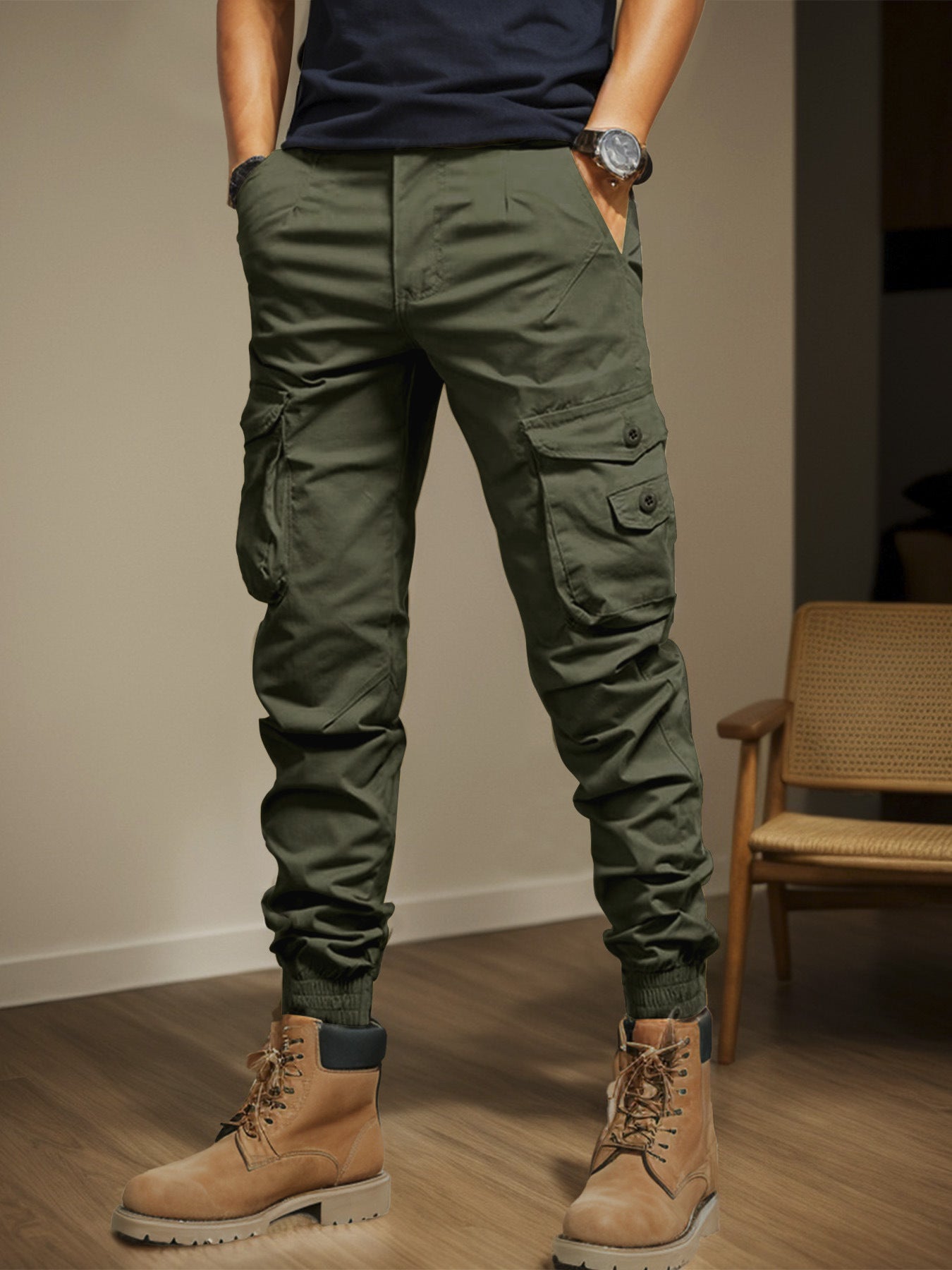 Men's Black Slim Fit Cargo Pants, Multi Pocket Elastic Waist Trousers for Outdoor Work