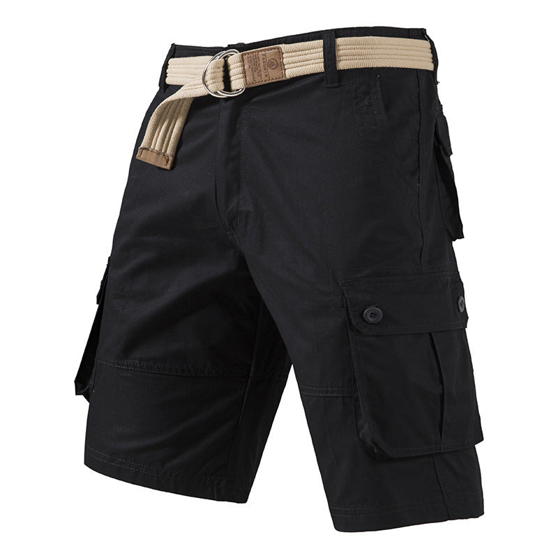 Men's Black Multi-Pocket Cargo Shorts | Casual Work Outdoor Hiking Shorts with Belt, Summer Streetwear
