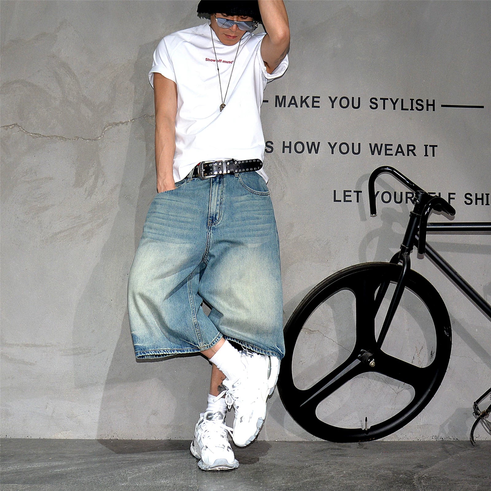 American retro washed vintage loose denim shorts, men's trendy brand wide leg cropped shorts, casual versatile straight leg mid length pants