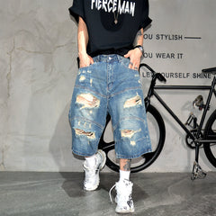 Vibe Street Wind Piercing Beggar Cowboy Shorts Male Rascal Handsome Vintage Trendy Middle Pants High Street Blue Quarter Pants Summer