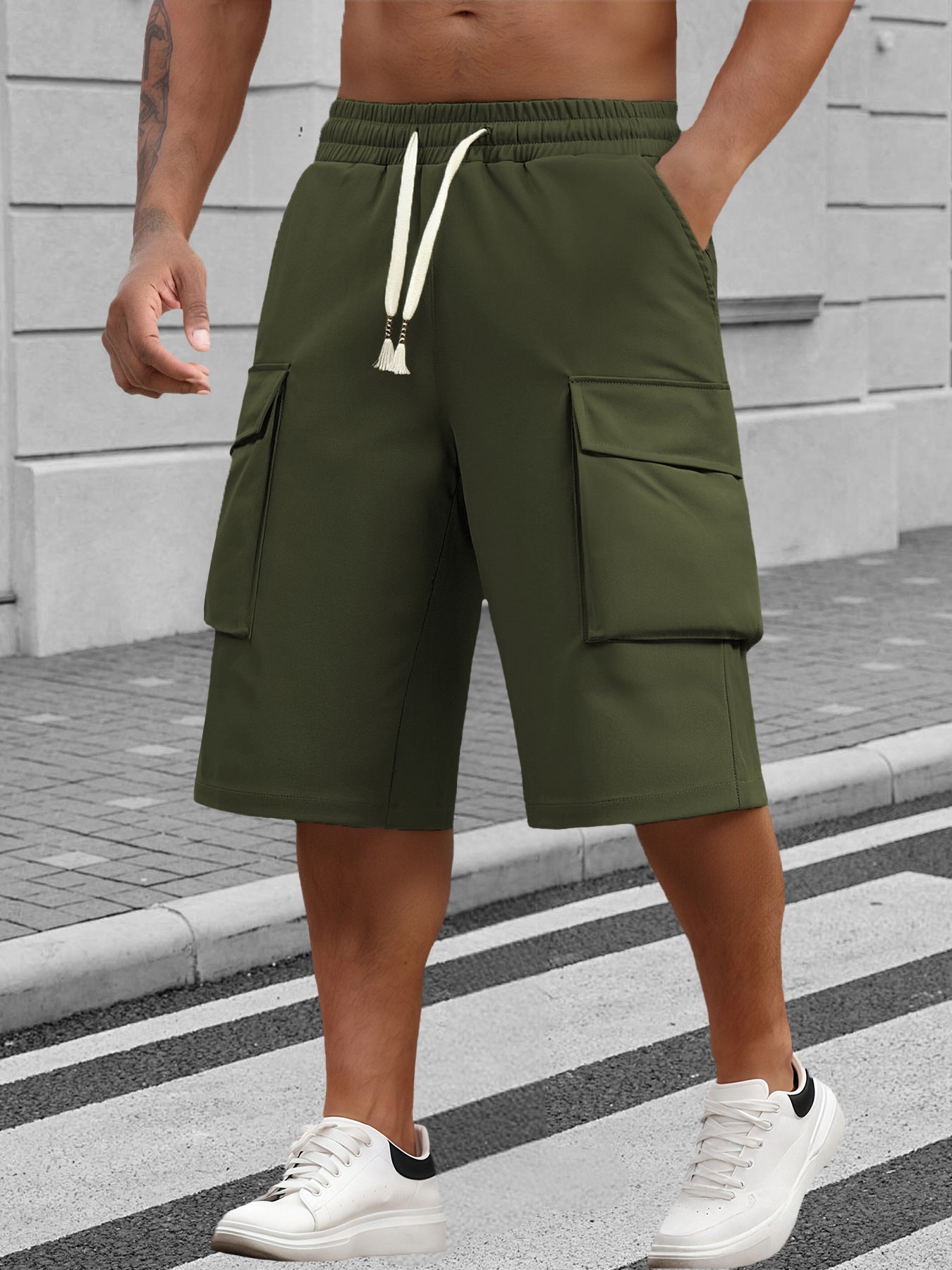 Men's Casual Cargo Long Shorts, Elastic Waist Drawstring Knee-Length Shorts