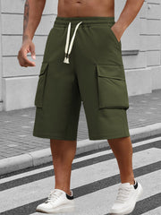 Men's Casual Cargo Long Shorts, Elastic Waist Drawstring Knee-Length Shorts