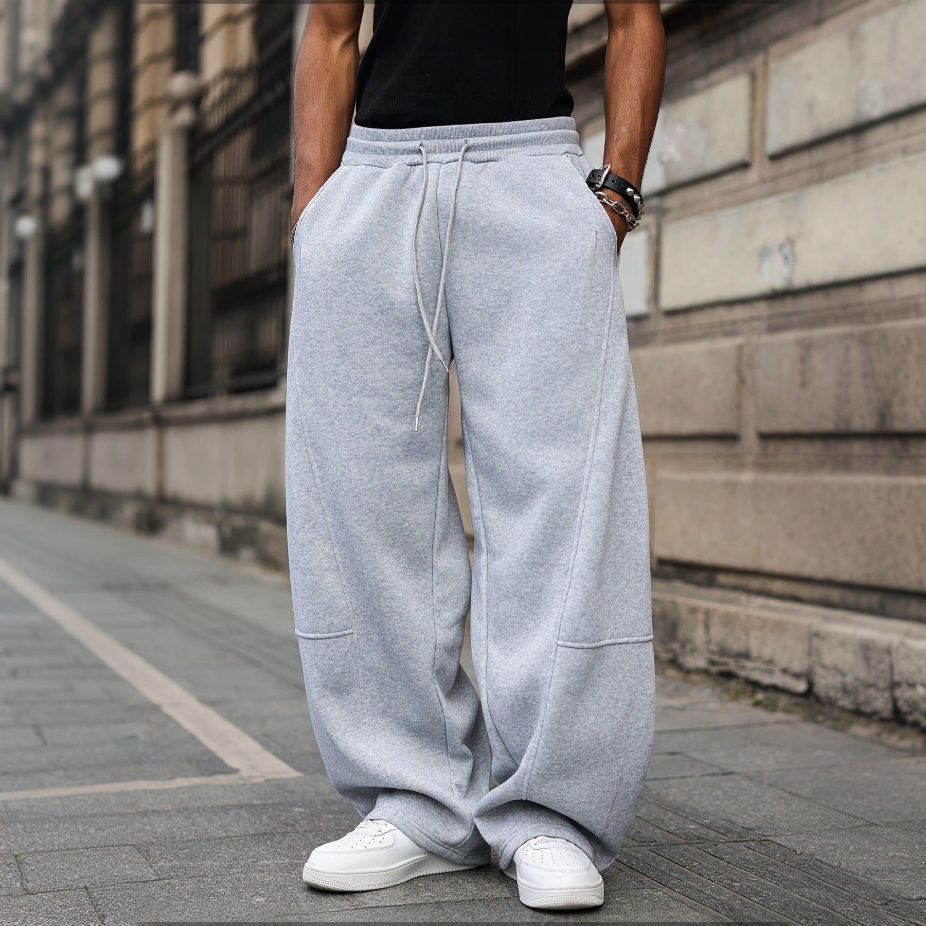 Classic Solid Color Baggy Jogger Pants For Men, Soft Thick Fabric Panel Cut Relaxed Wide Leg Long Trousers