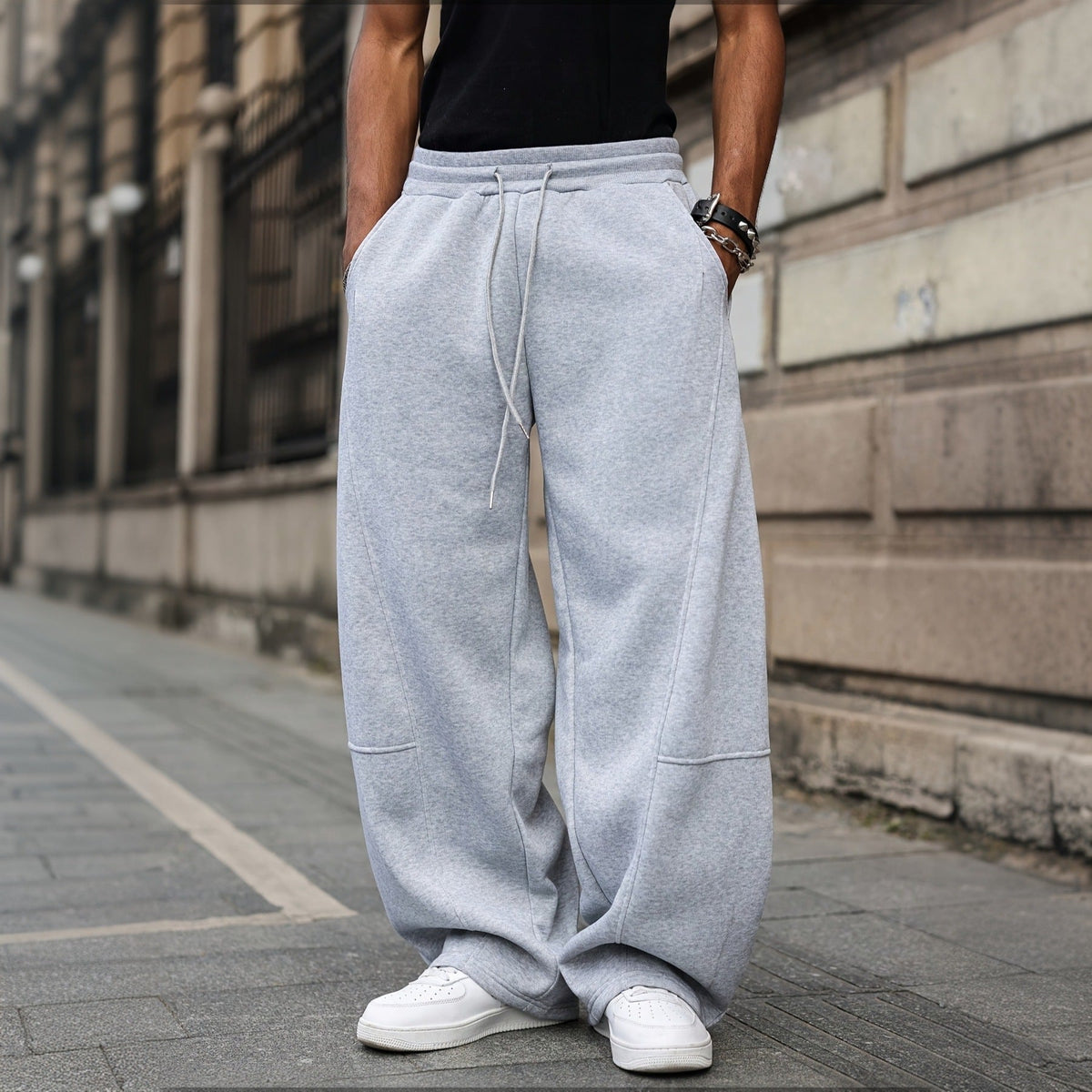 Classic Solid Color Baggy Jogger Pants For Men, Soft Thick Fabric Panel Cut Relaxed Wide Leg Long Trousers