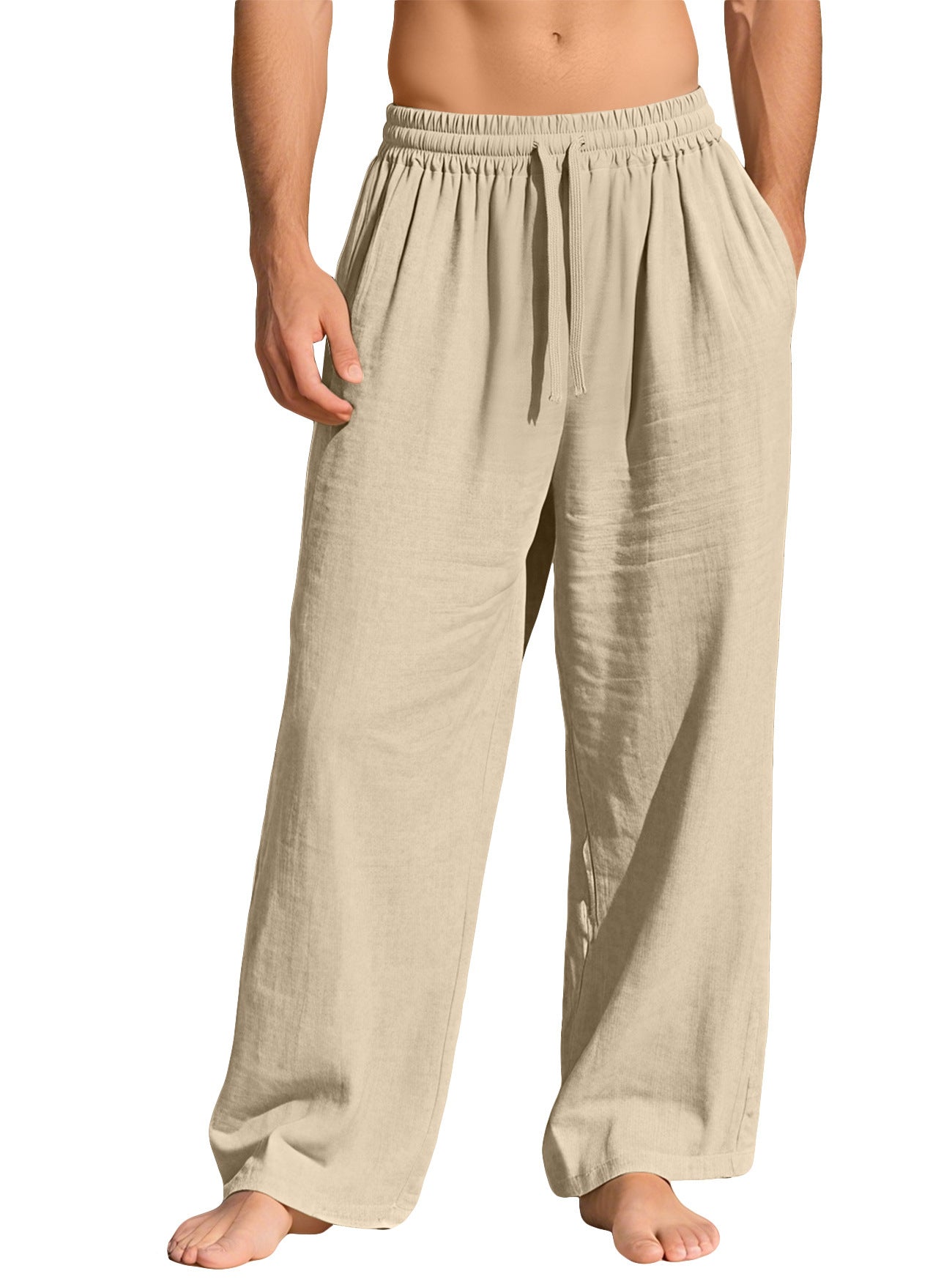 Men's Linen Cotton Baggy Pants, Elastic Waist Drawstring Wide Leg Casual Trousers for Summer Beach