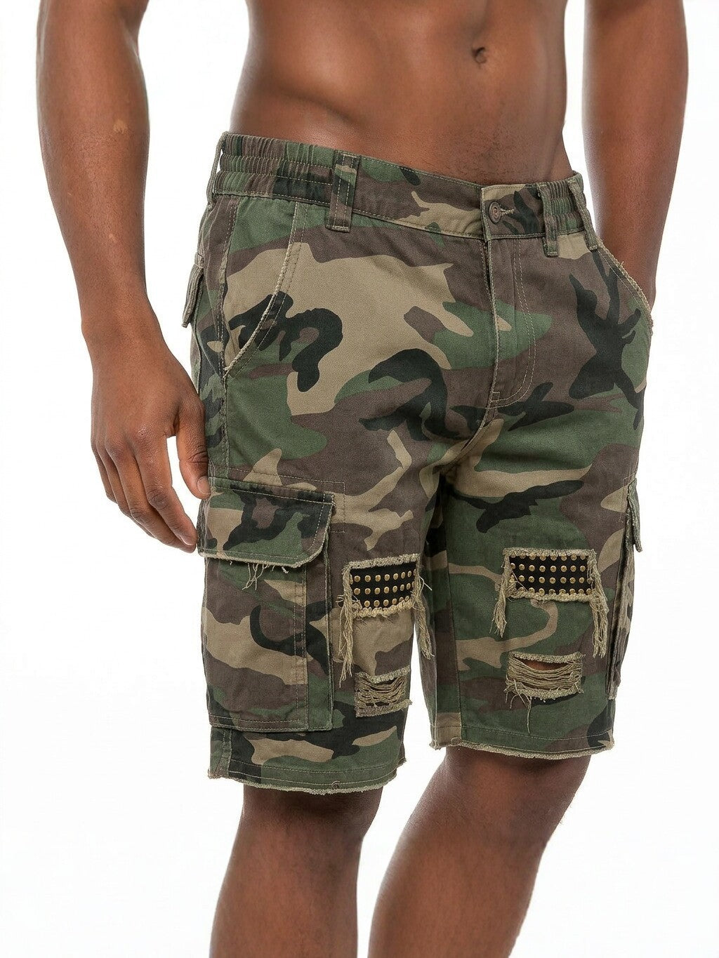 Men's Camo Cargo Shorts Ripped Distressed with Rivets - Streetwear Tactical Bermuda Shorts