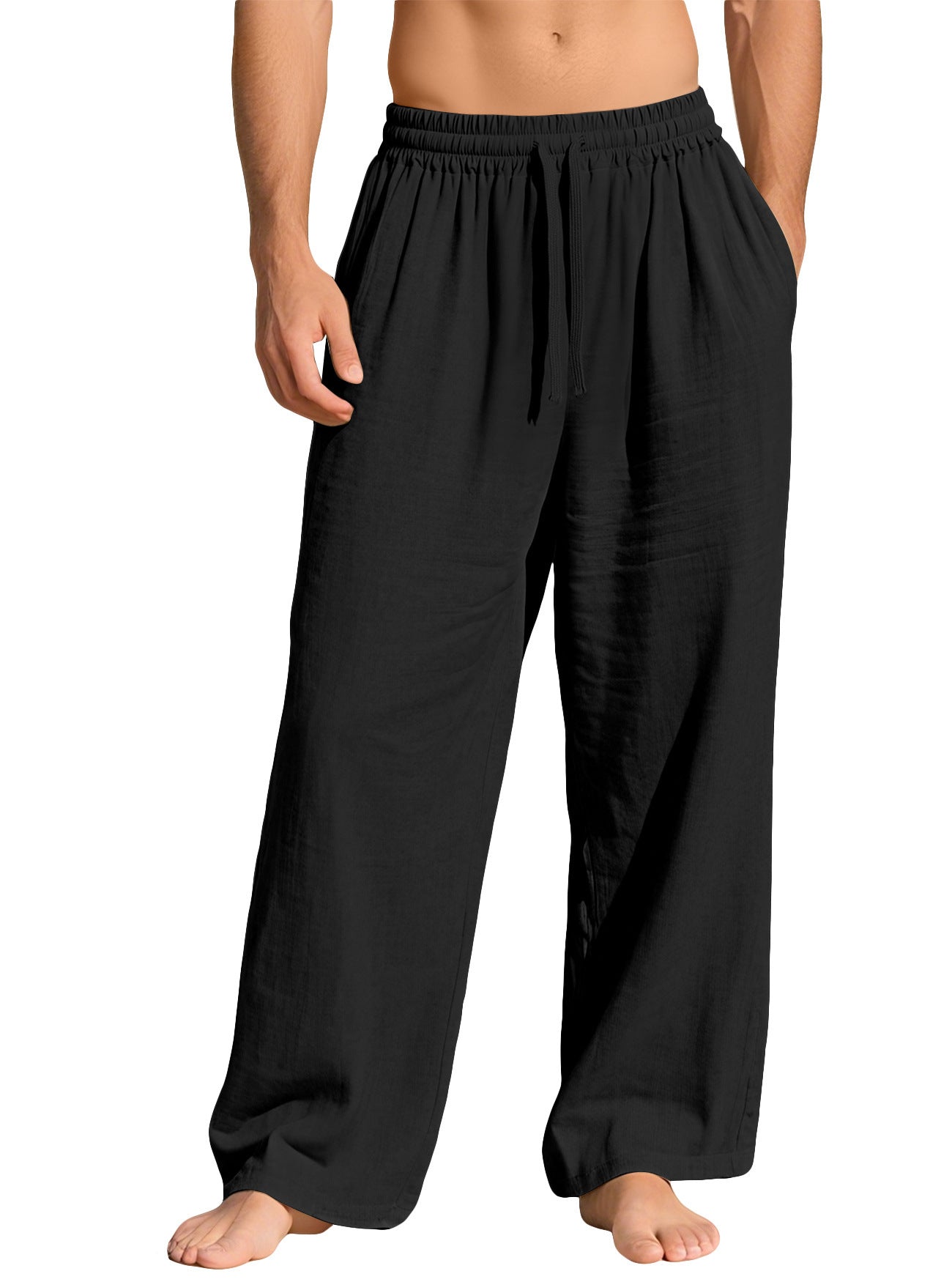 Men's Linen Cotton Baggy Pants, Elastic Waist Drawstring Wide Leg Casual Trousers for Summer Beach