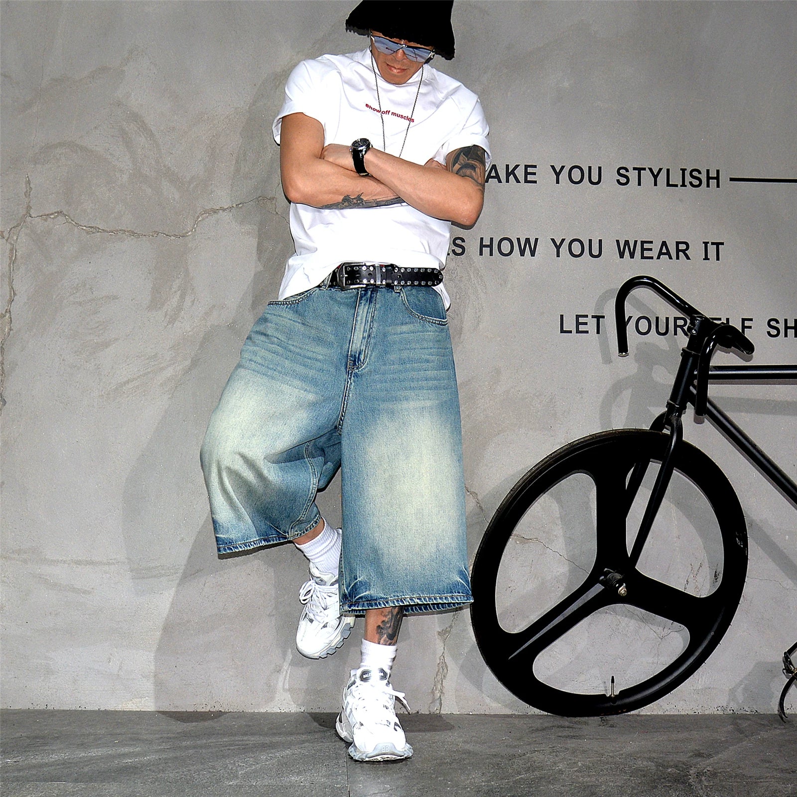 American retro washed vintage loose denim shorts, men's trendy brand wide leg cropped shorts, casual versatile straight leg mid length pants