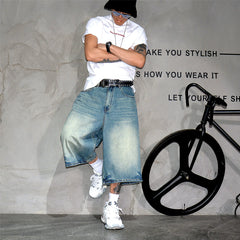 American retro washed vintage loose denim shorts, men's trendy brand wide leg cropped shorts, casual versatile straight leg mid length pants
