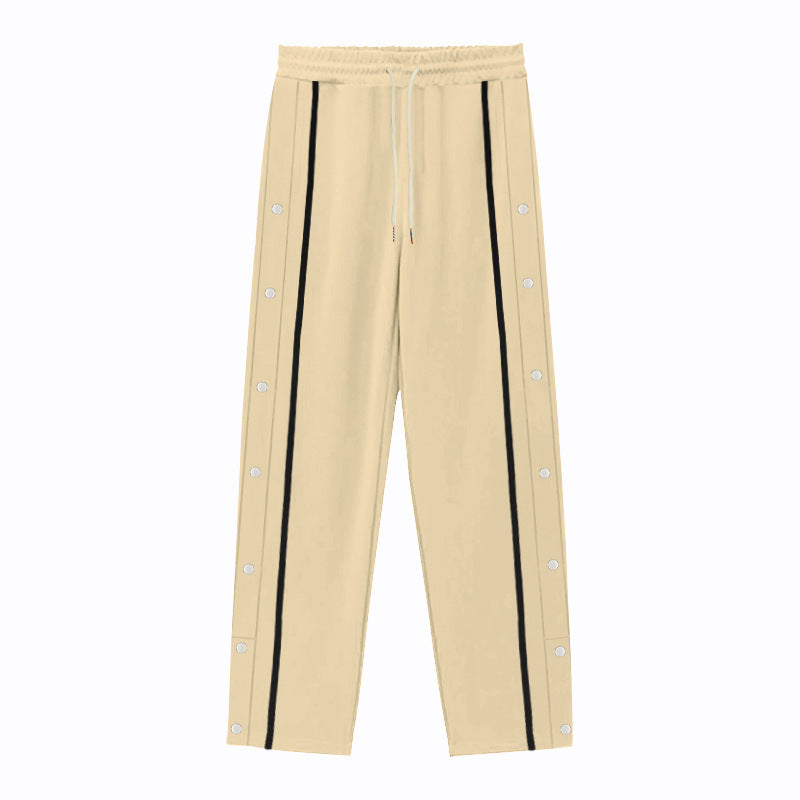 Men Solid Color Loose Sports Pants, Elastic Drawstring Waist Side Button Striped Casual Daily Bottom Wear