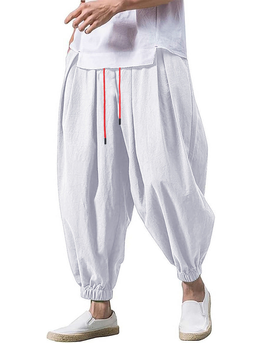 Men's Linen Harem Pants, Baggy Drawstring Waist Casual Trousers, Summer Breathable Cotton Linen Joggers with Elastic Cuffs