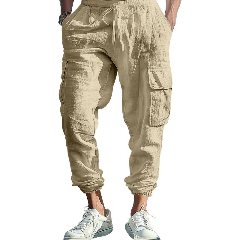 Men's Linen Blend Cargo Jogger Pants, Elastic Waist Drawstring Casual Trousers