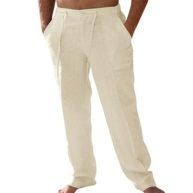 Men's Linen Blend Drawstring Casual Pants, Lightweight Straight Leg Trousers