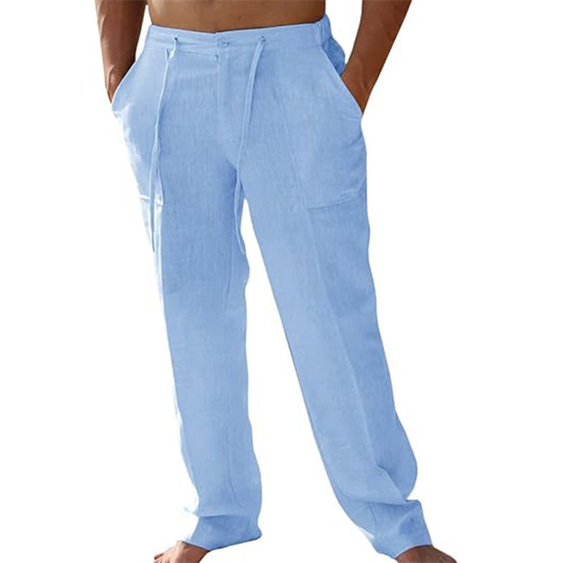 Men's Linen Blend Drawstring Casual Pants, Lightweight Straight Leg Trousers