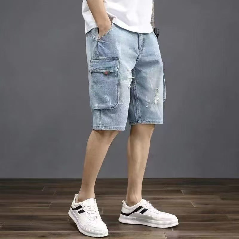 Men's Distressed Denim Cargo Shorts, Vintage Washed Casual Jean Shorts With Multi-Pockets