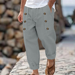 Men's Linen Blend Casual Pants, Elastic Waist Button Detail Trousers