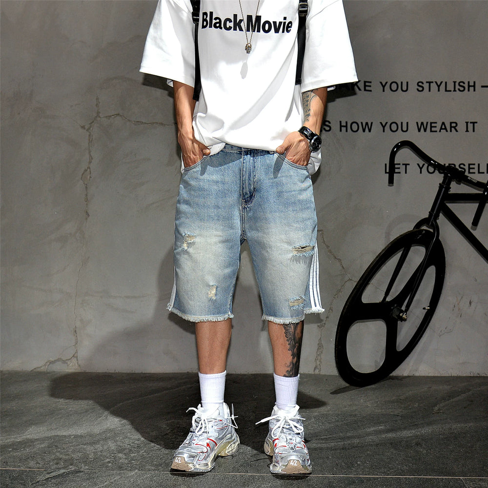 American high street three bar denim shorts, men's retro washed ripped hole pants, trendy brand loose oversized five quarter pants